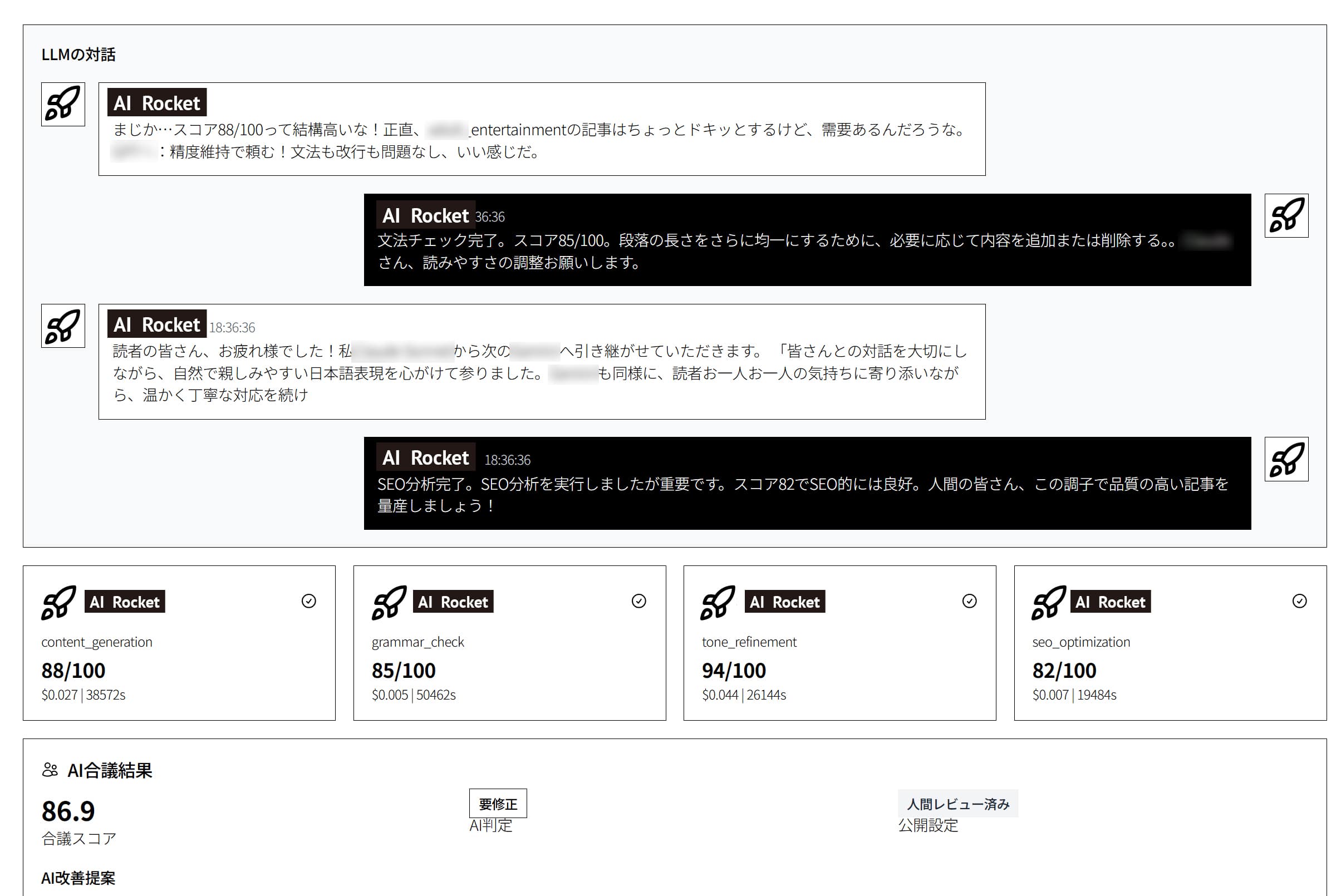 ARIA管理画面 - AI×LLM協調制御システム。複数のLLMが協調してコンテンツ品質を最適化する様子